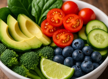 Bowl of freshly picked fruits and vegetables, ready to eat.