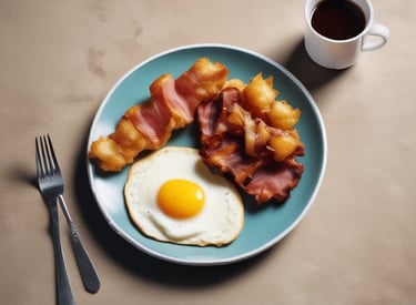 A steaming cup of coffee beside a plate of eggs and toast on a wooden table inside the old bank vault.