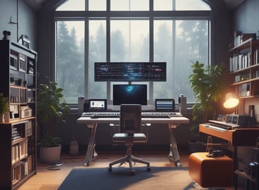 A sleek, dimly lit futuristic studio with gold accents reflecting off black surfaces, capturing the essence of human and AI collaboration.