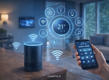 Smart home living room with smartphone control interface, smart speaker, and holographic automation icons showing 21° display