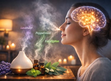 Woman inhaling essential oil mist with glowing brain, diffuser, and lavender, peppermint, eucalyptus vapor trails