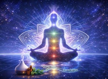 Glowing silhouette in lotus meditation pose with seven vibrant chakra orbs and intricate mandala on cosmic grid background