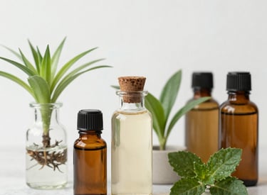A cozy corner with essential oil diffuser releasing gentle mist surrounded by small potted plants