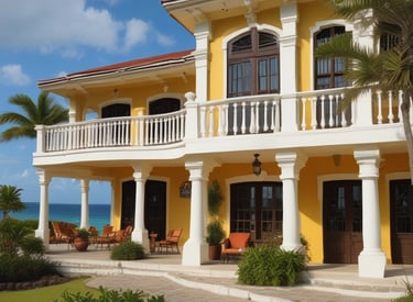 A freshly painted home exterior with vibrant colors under a clear blue sky.