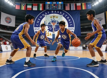 a group of young men playing basketball in a stadium