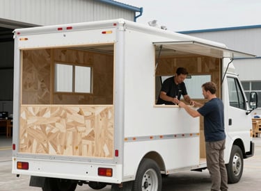 Technicians installing kitchen equipment inside a box truck conversion.