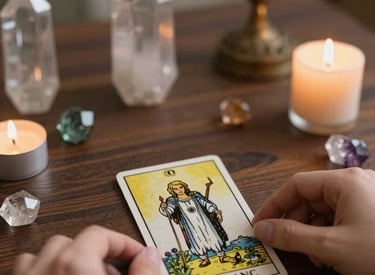 Two sisters smiling warmly, surrounded by tarot cards and glowing with bright pink and blue energy hues.