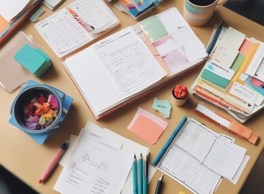 A clean workspace with a laptop displaying ESL lesson plans and colorful teaching resources.