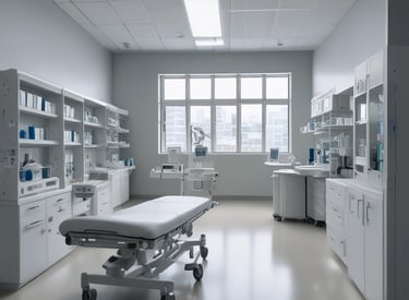 A professional appraiser carefully inspecting advanced medical equipment in a bright hospital setting.