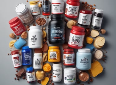 A vibrant display of protein powders and shaker bottles on a wooden gym bench.