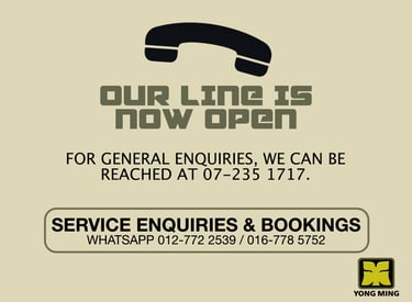Yong Ming service enquiries and bookings contact information with phone and WhatsApp numbers.