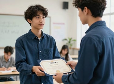 A student in a bright North American classroom receiving a certificate of achievement, clean modern aesthetic, natural lighting, featuring a palette of steel blue and off-white.