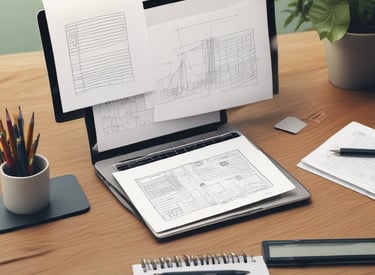 A web designer working on a laptop with food and business-related sketches around.