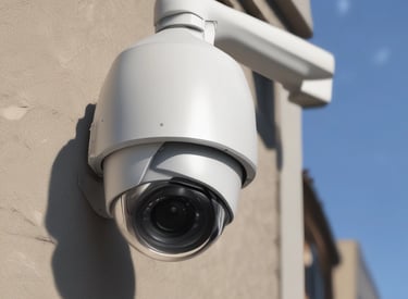 Technician installing a security camera in a modern office environment.