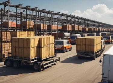 Delivery trucks being loaded with goods at a logistics center.