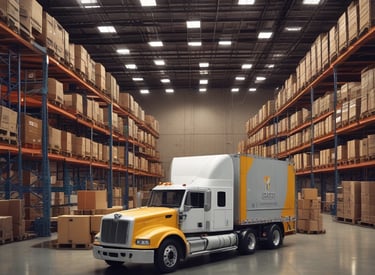 A warehouse worker organizing boxes of supplies on shelves.