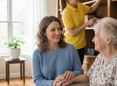 Professional home care worker supporting a senior woman while a housemaid cleans shelves in the background.