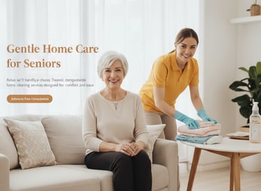 Professional caregiver providing gentle home care and cleaning services for a senior woman.