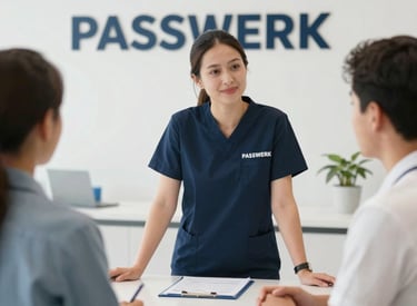 A caring nurse warmly greeting an elderly patient in a bright, welcoming care facility.