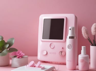 Pink aesthetic skin care device kit with facial steamer and serum bottles on a desk.