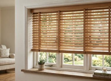 Natural oak wooden Venetian blinds installed on a white window in a cozy living room.