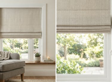 Beige textured herringbone Roman shades installed in a bright living room window.