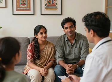 A South Asian / Indian therapist and a family sitting together in a warm office decorated with modern Indian art, soft indoor lighting, expressing trust and compassion.