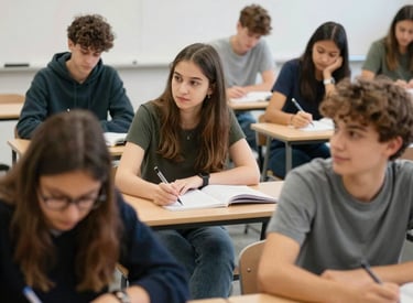 A lively group of four students practicing conversation in a bright, friendly room.