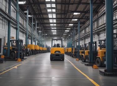 A skilled technician inspecting a forklift in a bright, modern workshop with blue and orange accents.
