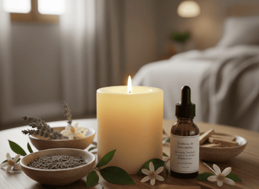 Una botella de aceite esencial de aromaterapia y una vela encendida sobre una mesa con lavanda