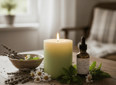 Una vela aromática encendida con aceite esencial, lavanda seca y manzanilla sobre una mesa rústica