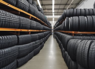 A display of various tyre brands and types available at Gulf Speciality Tyre LLC.