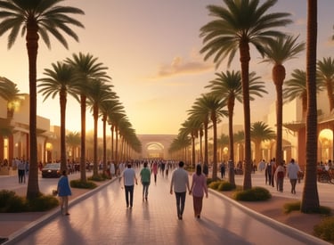 A vibrant street scene in Riyadh showing tourists enjoying a guided walking tour near historical sites.