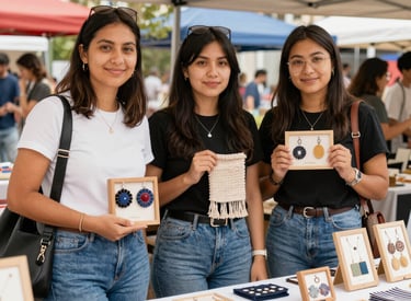 Women entrepreneurs proudly showcasing their handmade crafts in a local market. place a women notman