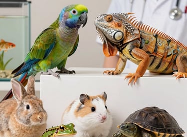 Veterinarian examining a colorful exotic bird in a bright clinic room.