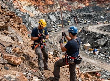 Technician performing maintenance work at height on a mining site with safety harness.