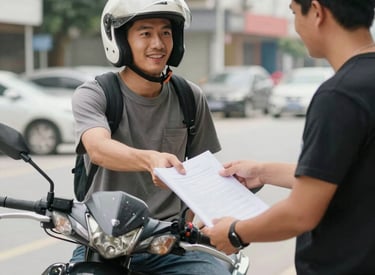 A friendly sales consultant assisting a customer with motorcycle options in a modern showroom.