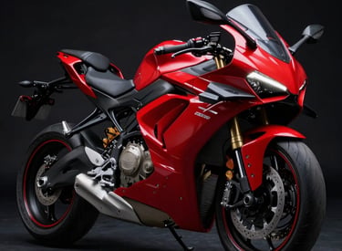 A sleek red sport motorcycle parked on a dark urban street at dusk, highlighting its sharp lines and aggressive stance.