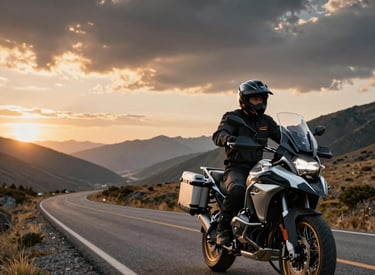 A touring motorcycle equipped with saddlebags and a windshield, parked beside a scenic coastal highway.