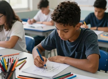 A candid shot of a South American teenager in Rio de Janeiro focusing on a drawing during a creative workshop. The classroom is filled with natural light, colorful supplies, and an atmosphere of artistic expression and quiet concentration. Modern and sophisticated photographic style.