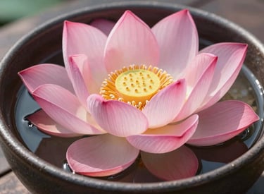 A close-up photography shot of a pink lotus flower floating in a dark ceramic bowl filled with water, lit by soft morning sun. Global / International Luxury.
