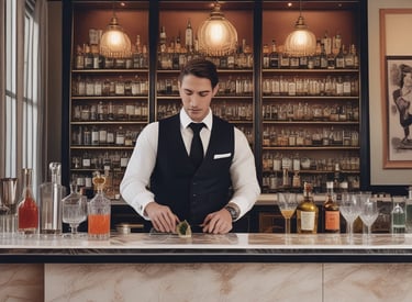 A lively event bar setup with colorful cocktails and a bartender shaking a drink.