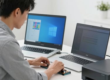 Technician repairing a laptop motherboard on a clean, organized workbench.