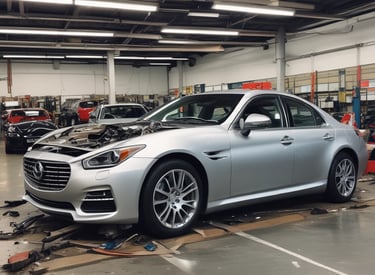 Close-up of a technician carefully repainting a car door with a spray gun.