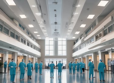 A neatly organized array of medical equipment including monitors, wheelchairs, and hospital beds in a bright, clean storage room.