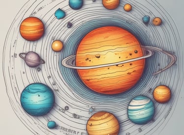 A glowing solar system map showing planets aligned with constellation backgrounds.