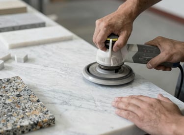 Artisan carefully shaping a marble slab in a modern workshop.