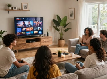 Cozy shared apartment living room with friendly roommates enjoying conversation.