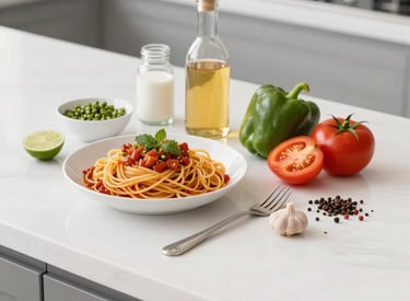 A warm kitchen scene with colorful spices and fresh ingredients spread out on a wooden countertop.