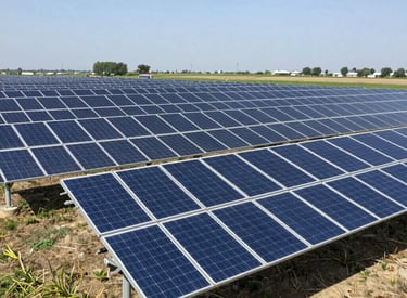 A solar panel array gleaming under a clear blue sky.